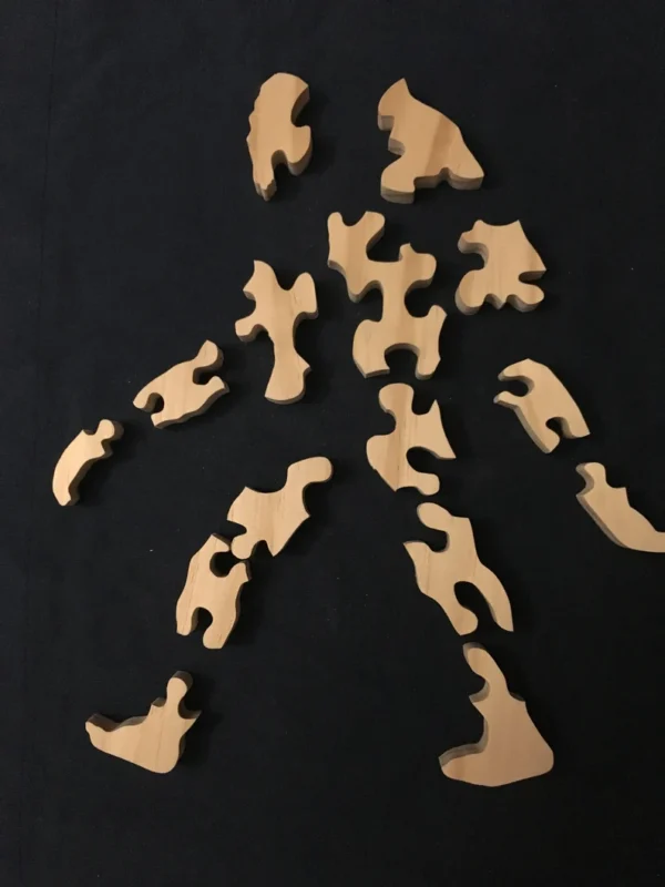 separated pieces of a wooden bigfoot puzzle